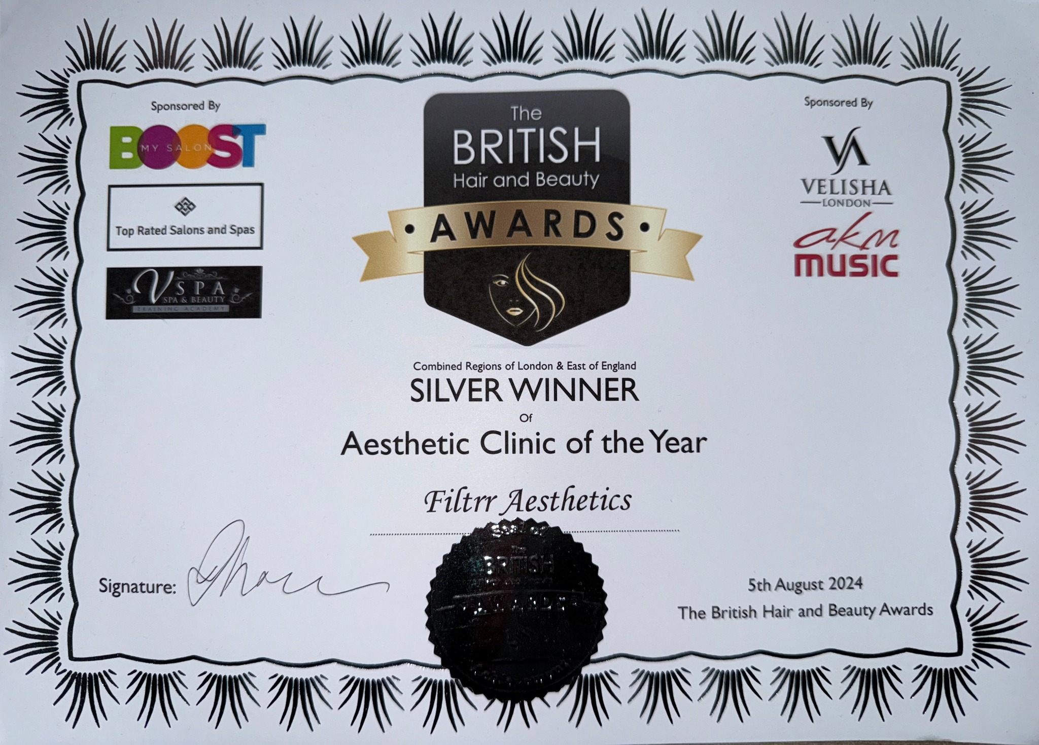 Filtrr Aesthetics Silver Winner Aesthetic Clinic of the Year certificate